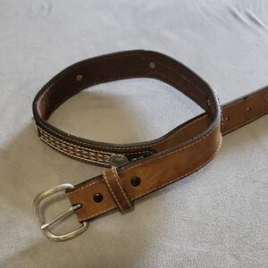 Nocona Brown and Silver Leather Belt with Decorative Stitching